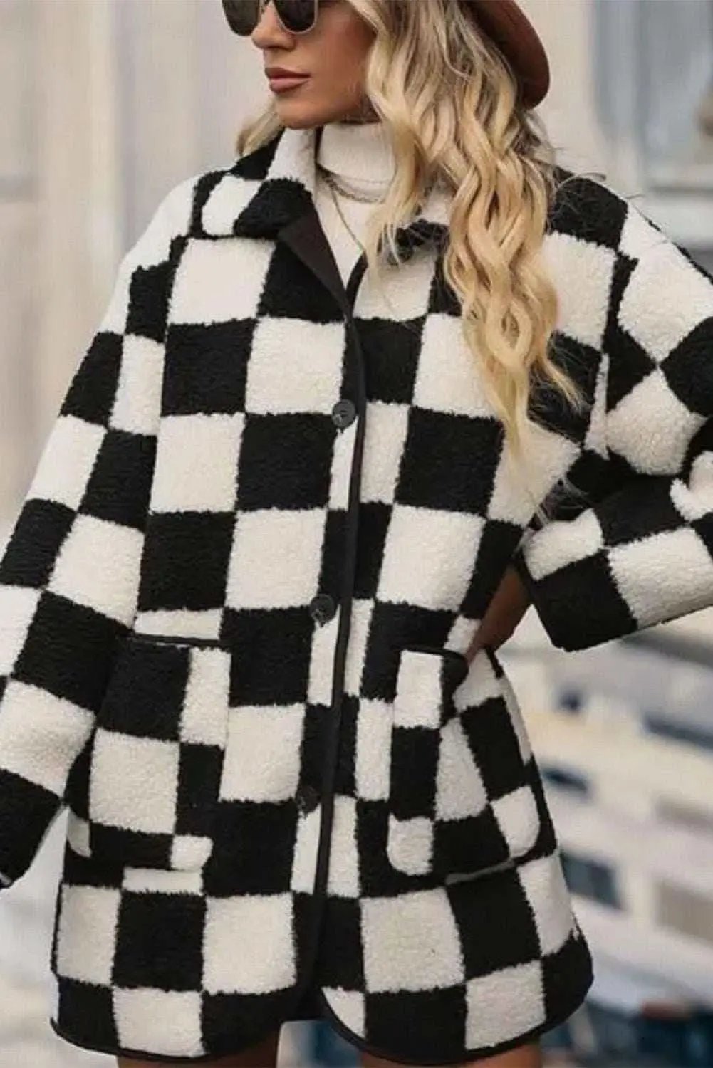 Black Checkered Side Pockets Collared Buttoned Fleece Jacket - Love Salve